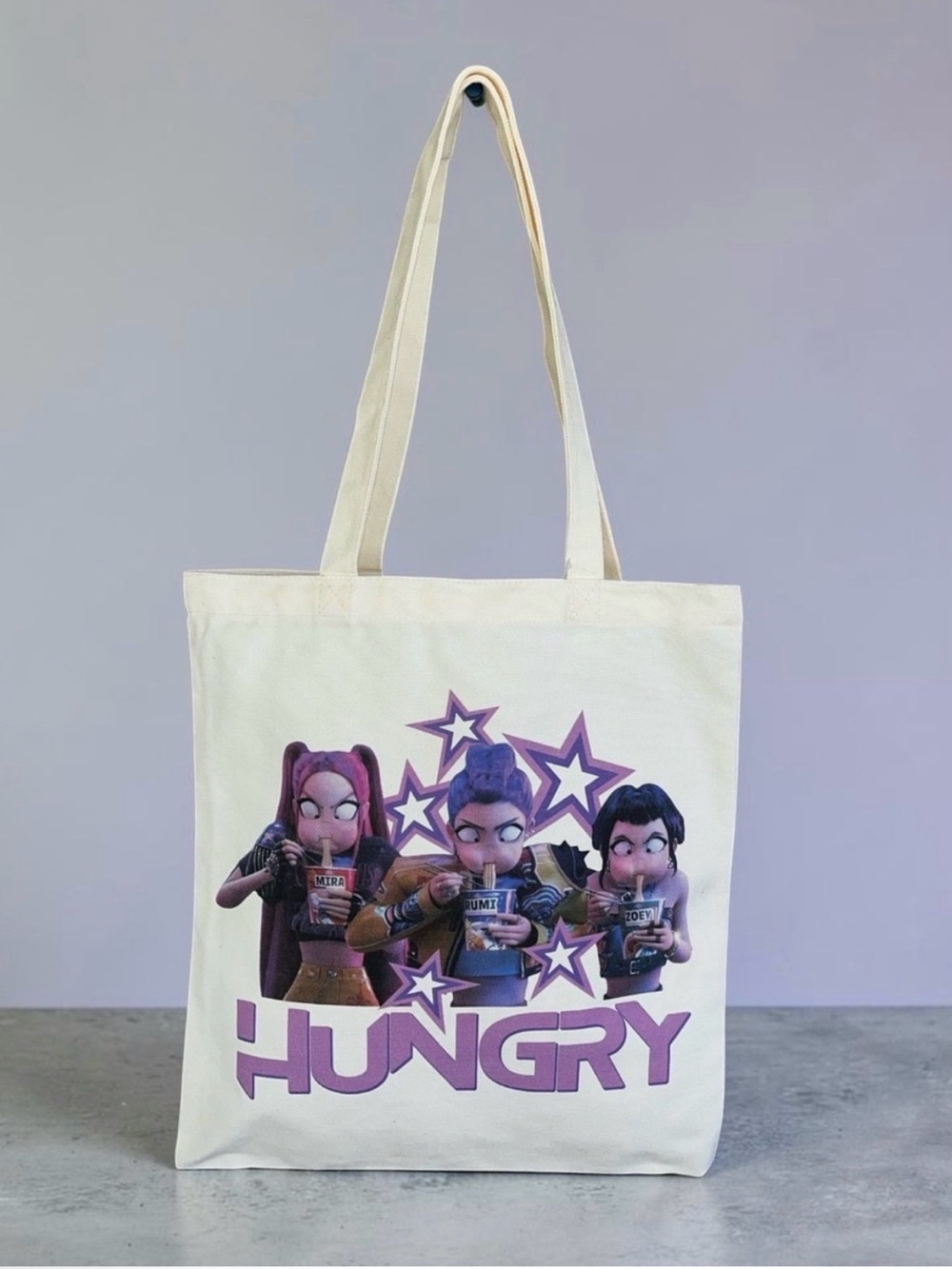 K-Pop Deamon Hunters Cream Canvas Tote Bag with Purple 'HUNGRY' Graphic